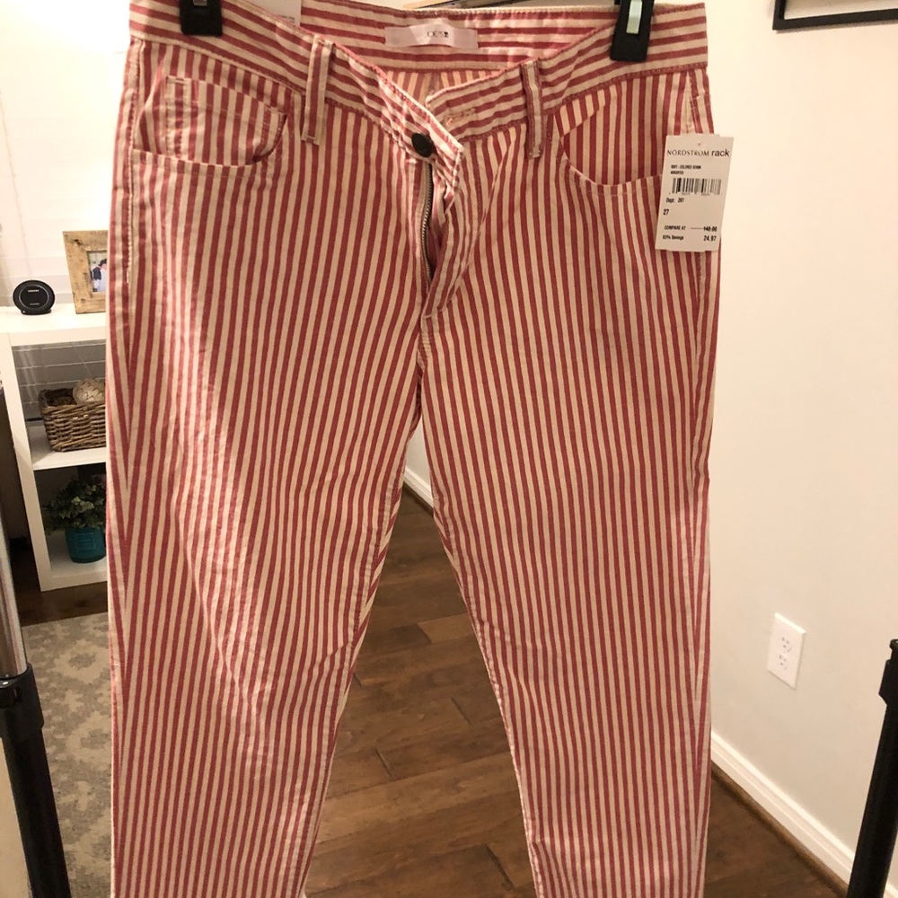 Joe’s red and white striped pants